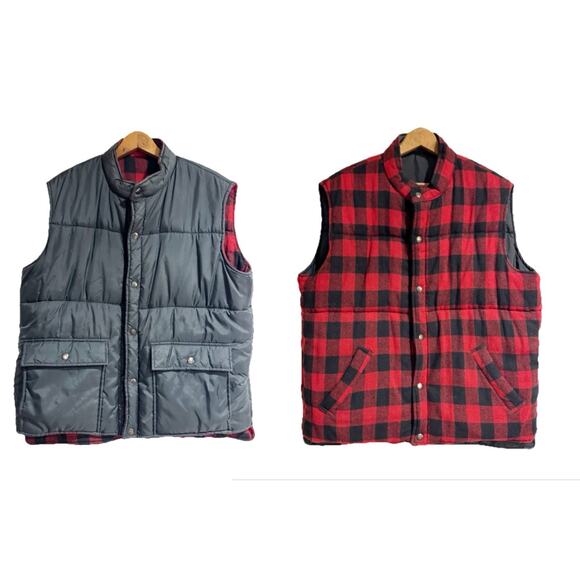 Shelter Bay By Arrow Men Large Reversible Black Puffer / Wool Buffalo Plaid Vest - Picture 1 of 7